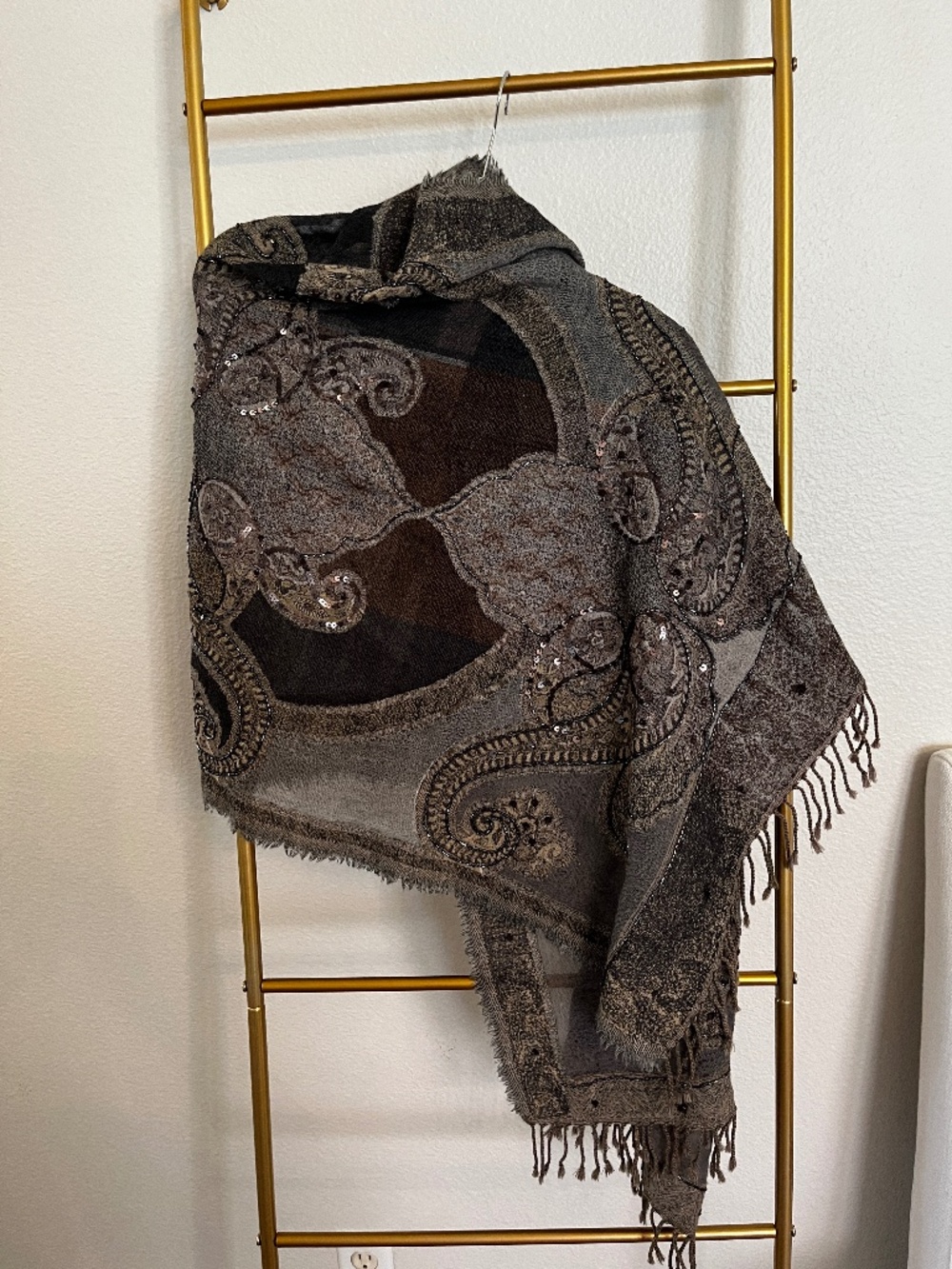 Ahujasons 100% Merino Wool Embroidered Sequin Shawl Wrap Scarf NWT Made in India